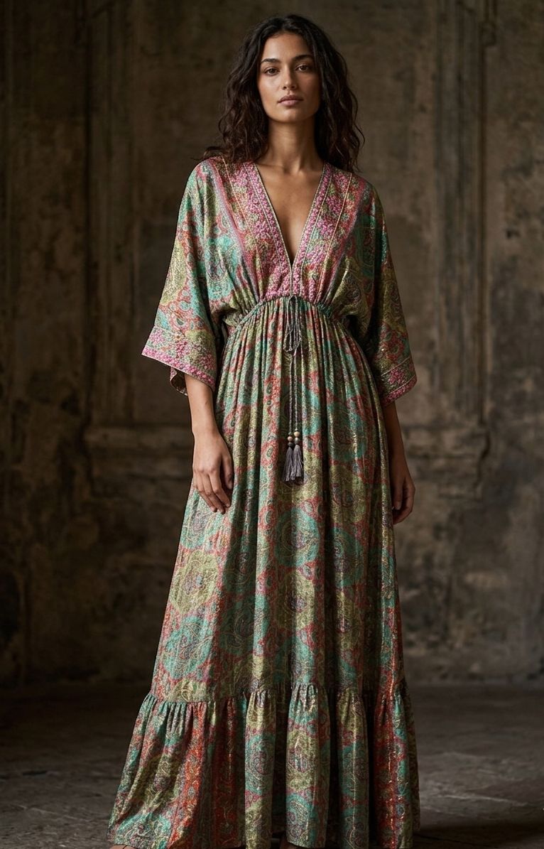İthal Parlak Desenli Helen kol model ipek Elbise-9909