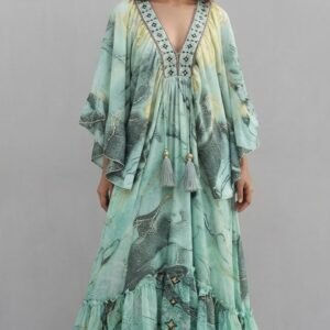 İthal Parlak Desenli Helen kol model ipek Elbise-yeşil1