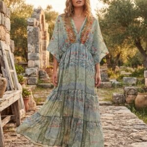 Parlak Desenli Taş detaylı Bohem İpek Elbise