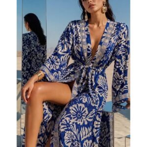 Desenli İthal Kuşaklı Pamuk Kumaş Kimono