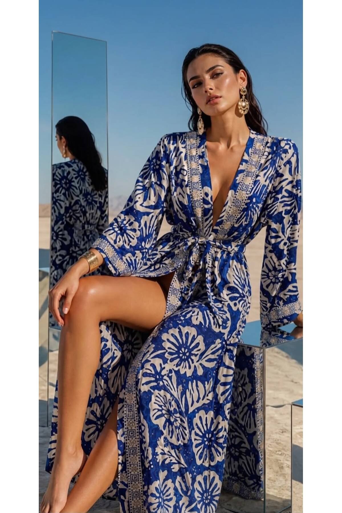 Desenli İthal Kuşaklı Pamuk Kumaş Kimono
