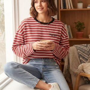 Çizgili Bisiklet Yaka Oversize Düşük Kol Örme Sweatshirt-028977