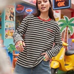 Çizgili Bisiklet Yaka Oversize Düşük Kol Örme Sweatshirt-0289733