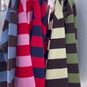 Çizgili Bisiklet Yaka Oversize Düşük Kol Örme Sweatshirt-10