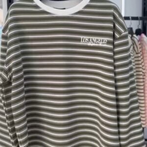 Çizgili Bisiklet Yaka Oversize Düşük Kol Örme Sweatshirt-9