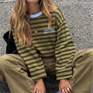 Çizgili Bisiklet Yaka Oversize Düşük Kol Örme Sweatshirt-104