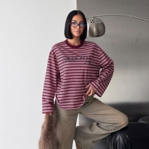 Çizgili Bisiklet Yaka Oversize Düşük Kol Örme Sweatshirt-15