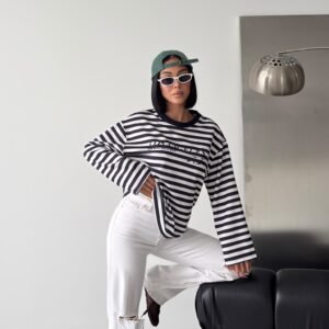 Çizgili Bisiklet Yaka Oversize Düşük Kol Örme Sweatshirt-16