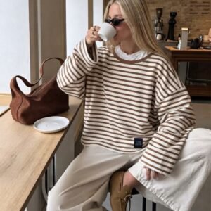 Çizgili Bisiklet Yaka Oversize Düşük Kol Örme Sweatshirt-111