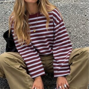 Çizgili Bisiklet Yaka Oversize Düşük Kol Örme Sweatshirt-112