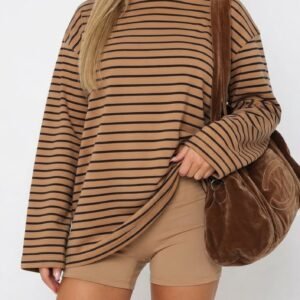 Çizgili Bisiklet Yaka Oversize Düşük Kol Örme Sweatshirt-721rrr