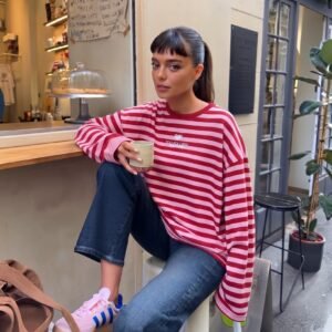 Çizgili Bisiklet Yaka Oversize Düşük Kol Örme Sweatshirt-100