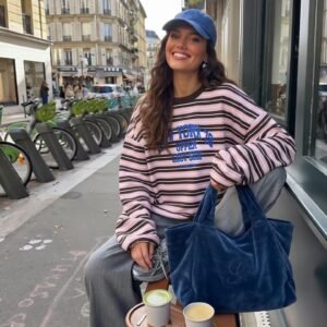 Çizgili Bisiklet Yaka Oversize Düşük Kol Örme Sweatshirt-101