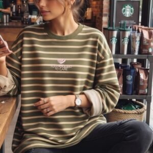 Çizgili Bisiklet Yaka Oversize Düşük Kol Örme Sweatshirt-0289733-7888