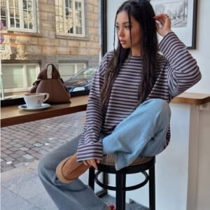 Çizgili Bisiklet Yaka Oversize Düşük Kol Örme Sweatshirt-901355
