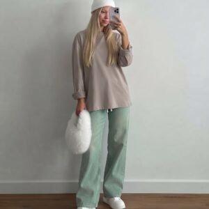 Bisiklet Yaka Oversize Pamuk Kumaş Sweatshirt-bej