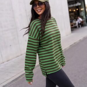 Çizgili Bisiklet Yaka Oversize Düşük Kol Örme Sweatshirt-8