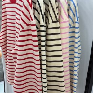 Çizgili Bisiklet Yaka Oversize Düşük Kol Örme Sweatshirt-1