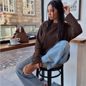 Bisiklet Yaka Oversize Pamuk Kumaş Sweatshirt-kahve