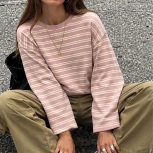 Çizgili Bisiklet Yaka Oversize Düşük Kol Örme Sweatshirt-113