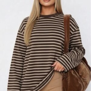 Çizgili Bisiklet Yaka Oversize Düşük Kol Örme Sweatshirt-72133